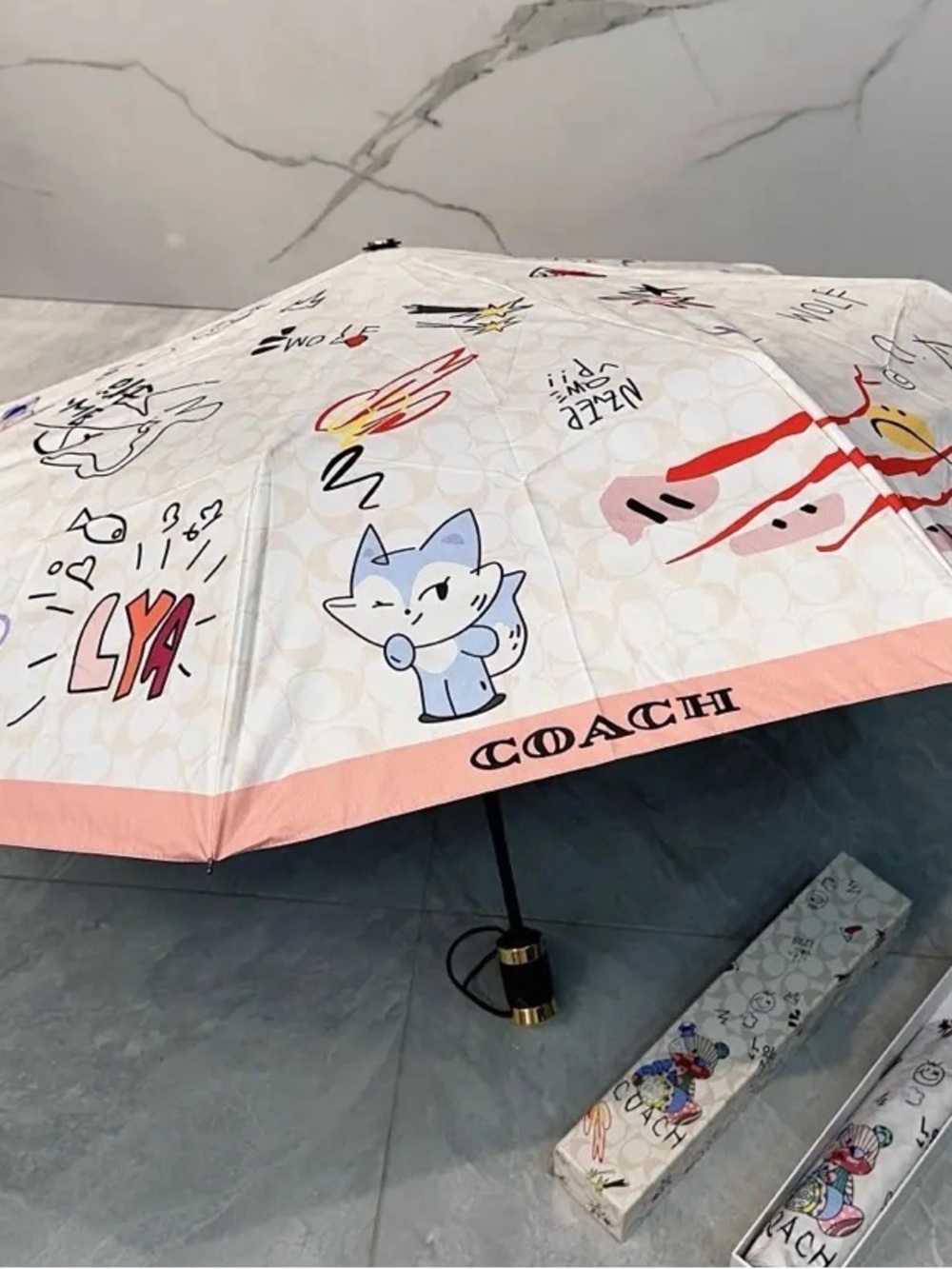 Coach Graffiti Print Folding Umbrella new in box No tags - Picture 4 of 6